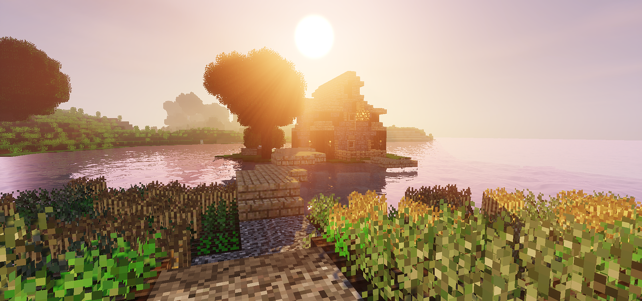 a picture of a Minecraft house with a sun behind it and a farm in front of it, to depict the Spring to Life update and the changes it brings to the environment