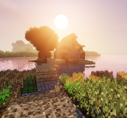 a picture of a Minecraft house with a sun behind it and a farm in front of it, to depict the Spring to Life update and the changes it brings to the environment