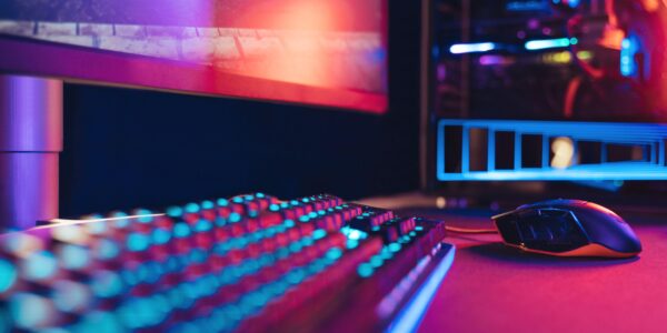 a PC setup with RGB lights with Nightreign playing on the monitor