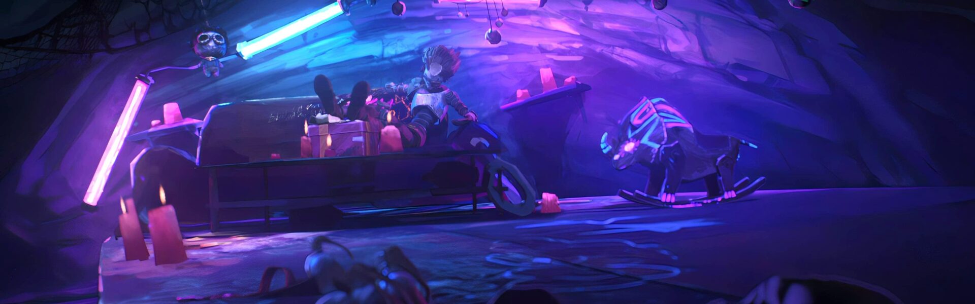 a purple and blue aesthetic picture of League of Legends character sitting on a couch in a house to represent the new Act 2 of Season 15 vibe