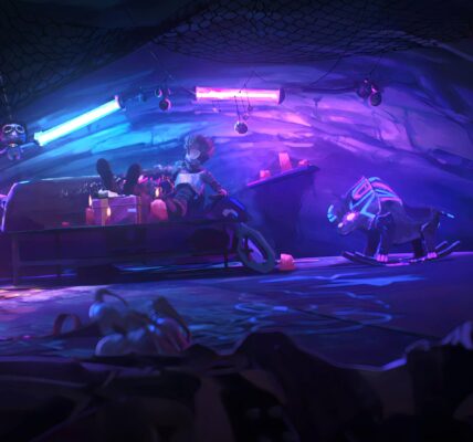 a purple and blue aesthetic picture of League of Legends character sitting on a couch in a house to represent the new Act 2 of Season 15 vibe