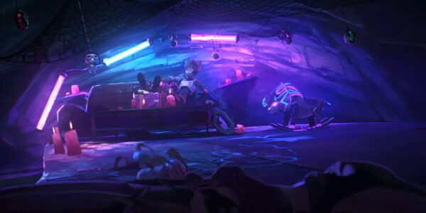 a purple and blue aesthetic picture of League of Legends character sitting on a couch in a house to represent the new Act 2 of Season 15 vibe